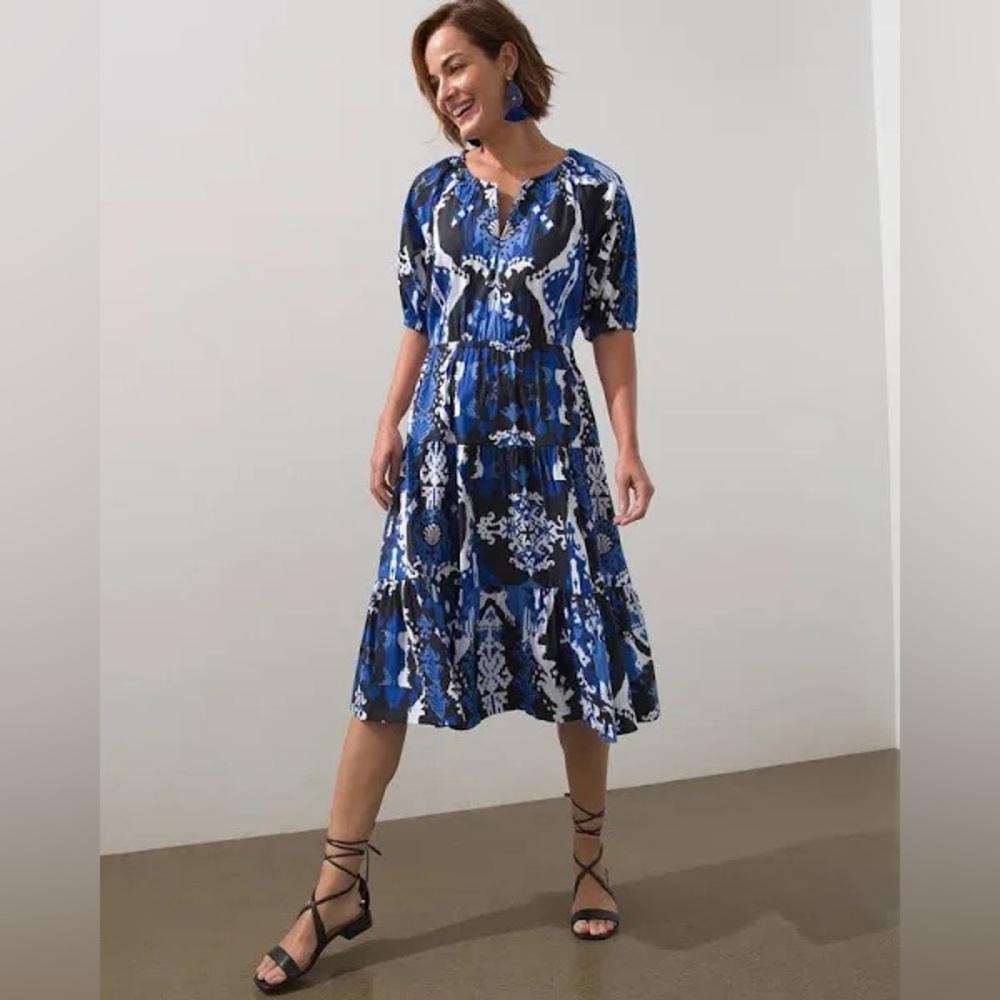 NWOT Chico's Blue Abstract Ikat Tiered Midi Dress Smocked‎ Waist Boho 20 Chico 4